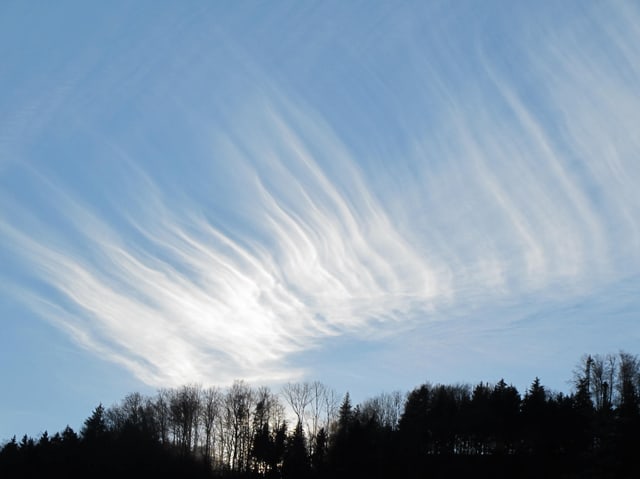 Am blauen Himmel hat es fadenartige, weisse Wolken. Unten sind die schwarzen Umrisse von Bäumen zu sehen.