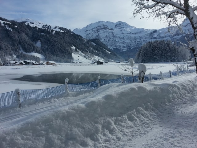 Schöne Winterlandschaft. Im Vordergrund eine Loipe, im Hintergrund ein Seelein.