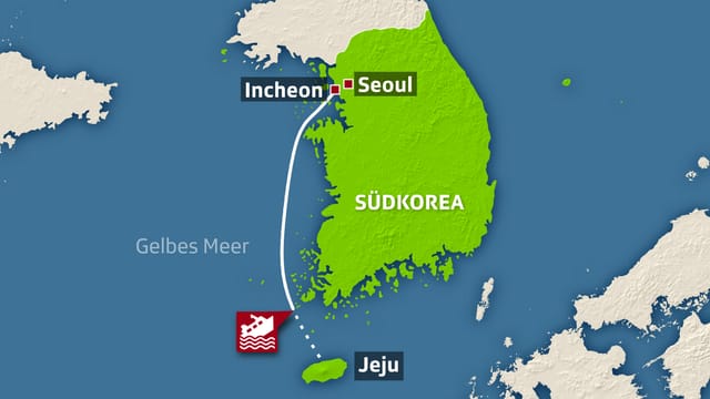 Grafik: Karte von Südkorea mit der Insel Jeju im Südwesten und dem Ort der Havarie zwischen Seoul und Jeju. Grafik: Karte von Südkorea mit der Insel Jeju im Südwesten und dem Ort der Havarie zwischen Seoul und Jeju.