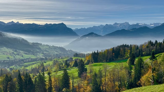 Blick vom Sattel auf die kühlere Dunstschicht über dem Flachland. Blick vom Sattel auf die kühlere Dunstschicht über dem Flachland.