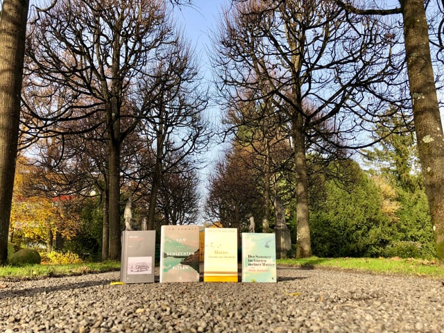 Die Bücher von Anna Stern, Tom Kummer, Melitta Breznik und Ariela Sarbacher stehen zwischen Herbstbäumen Die Bücher von Anna Stern, Tom Kummer, Melitta Breznik und Ariela Sarbacher stehen zwischen Herbstbäumen