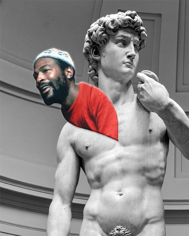 Marvin Gaye entsteigt der Brust von Michelangelos David.