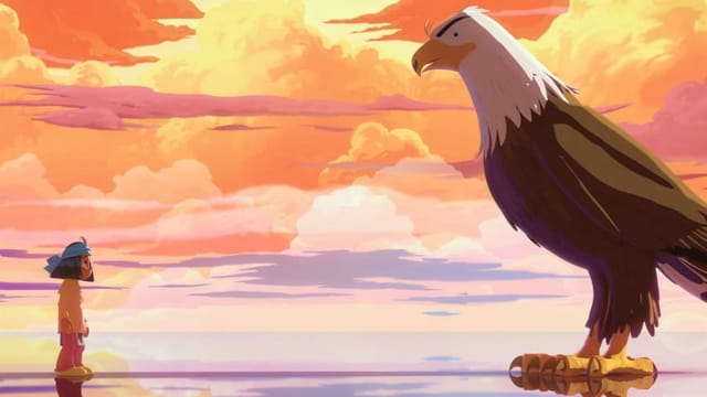 ein kleiner Junge steht einem grossen Adler gegenüber ein kleiner Junge steht einem grossen Adler gegenüber