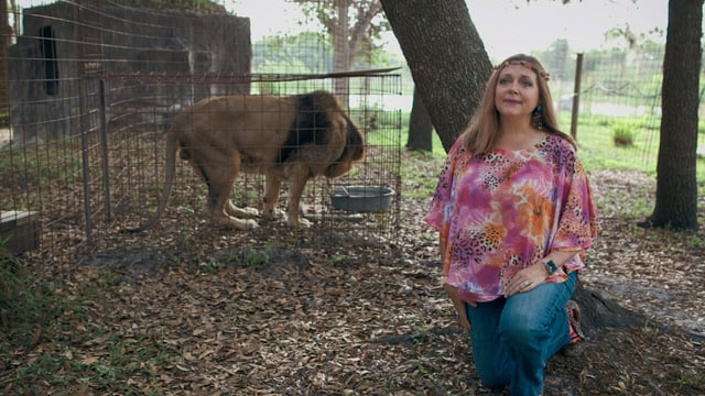 Frau mit Löwe im Käfig im Hintergrund.