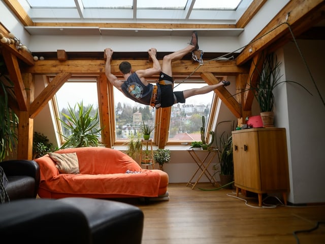 Ein Kletter klettert im Wohnzimmer.