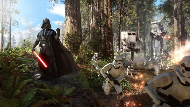 Darth Vader führt die Stormtrooper durch den Wald von Endor. Darth Vader führt die Stormtrooper durch den Wald von Endor.