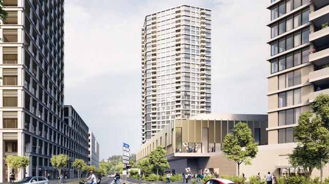 Visualisierung der Halle mit den beiden Hochhäusern. Visualisierung der Halle mit den beiden Hochhäusern.