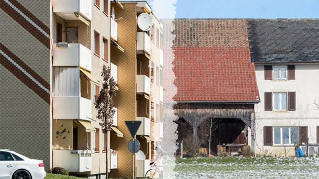 Wohnblock und Bauernhaus in einer Montage Wohnblock und Bauernhaus in einer Montage