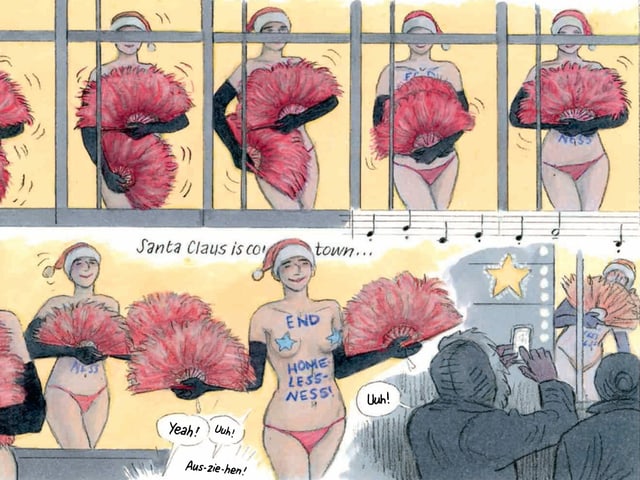 Comic-Strip mit zwei Bildern. 1: Tanzende, halbnakte Frauen nebeneinander in einem Schaufenster; 2: Tanzende Frau mit Aufschrift auf Körper: End: Homelessness. Comic-Strip mit zwei Bildern. 1: Tanzende, halbnakte Frauen nebeneinander in einem Schaufenster; 2: Tanzende Frau mit Aufschrift auf Körper: End: Homelessness.