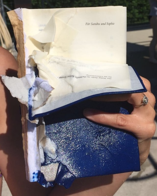 Annette König hält nach Tauchgang mit Buch, das Buch «Mein Vater war ein Mann an Land und im Wasser ein Walfisch» von Michelle Steinbeck in der Hand. Es ist leicht zerstört. Annette König hält nach Tauchgang mit Buch, das Buch «Mein Vater war ein Mann an Land und im Wasser ein Walfisch» von Michelle Steinbeck in der Hand. Es ist leicht zerstört.