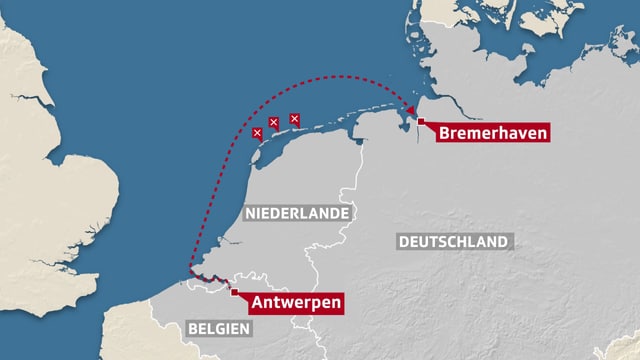 Kartenausschnitt, auf dem die Route des Containerschiffs eingezeichnet ist. Kartenausschnitt, auf dem die Route des Containerschiffs eingezeichnet ist.