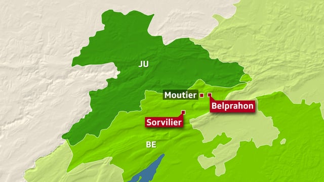 Karte mit den Orten Moutier, Belprahon und Sorvilier eingezeichnet. Karte mit den Orten Moutier, Belprahon und Sorvilier eingezeichnet.