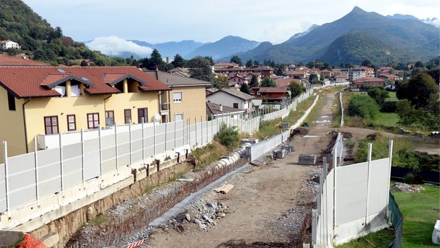 Ein Streifen Land quer durch eine Siedlung, mit einem Zaun links und rechts. Ein Streifen Land quer durch eine Siedlung, mit einem Zaun links und rechts.