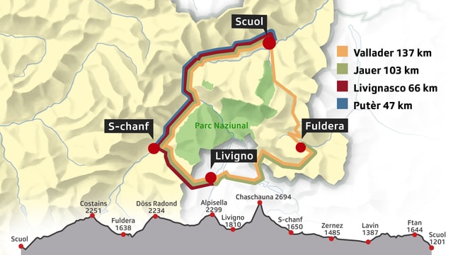 Ina survista da las 4 differentas cursas enturn il Parc Naziunal, sutvart il profil Ina survista da las 4 differentas cursas enturn il Parc Naziunal, sutvart il profil