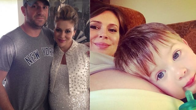 David Bugliari, Alyssa Milano und der Erstgeborene Milo auf dem nackten Bauch von Milano liegend. David Bugliari, Alyssa Milano und der Erstgeborene Milo auf dem nackten Bauch von Milano liegend.