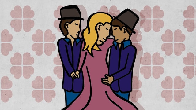 Die Zeichnung zeigt eine Frau in in inniger Pose mit zwei Männern.