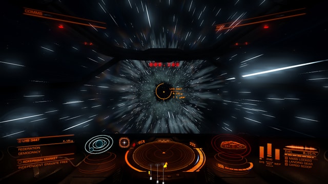 Kurz vor dem Hyperspace-Sprung zieht sich der Raum lang. Kurz vor dem Hyperspace-Sprung zieht sich der Raum lang.