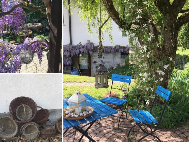 Collage an Bildern mit Sitzecke, Dekofässern und Fliederbusch.