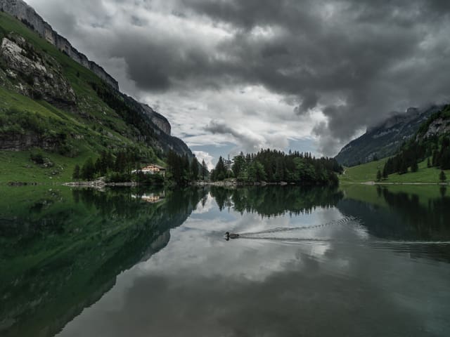 Aufgelockerte Wolken spiegeln sich im ruhigen See.