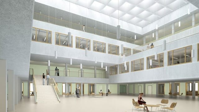 Visualisierung des Atriumhofes vom Gym Bäumlihof zeigt Galerien und verglastes Oberlichtdach. Visualisierung des Atriumhofes vom Gym Bäumlihof zeigt Galerien und verglastes Oberlichtdach.