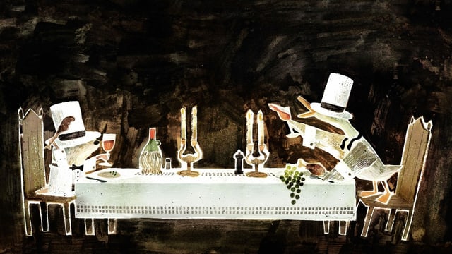 Bilerbuch-Illu: Eine Gans und eine Maus sitzen an einer reich gedeckten Tafel. Bilerbuch-Illu: Eine Gans und eine Maus sitzen an einer reich gedeckten Tafel.