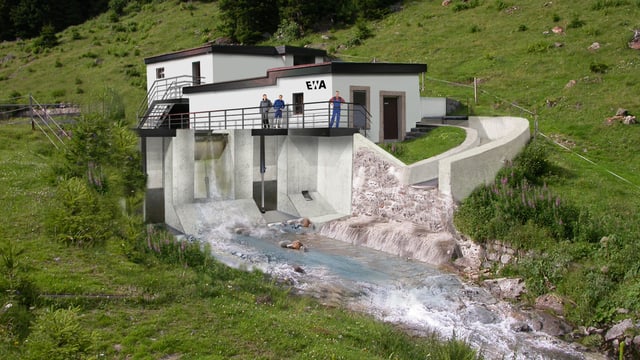 Das Modell des ausgebauten Wasserkraftwerks. Das Modell des ausgebauten Wasserkraftwerks.