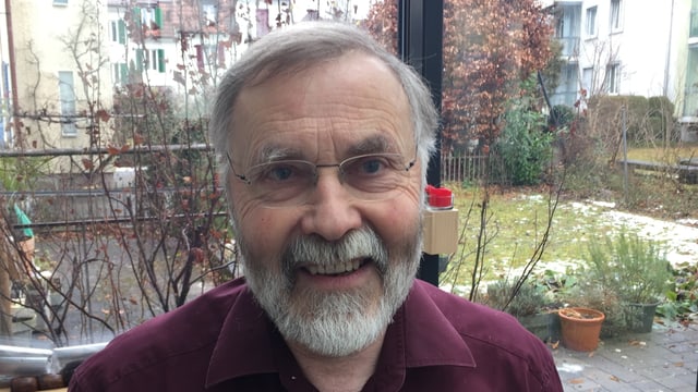 Älterer Mann, dahinter Gärten von Stadthäusern Älterer Mann, dahinter Gärten von Stadthäusern