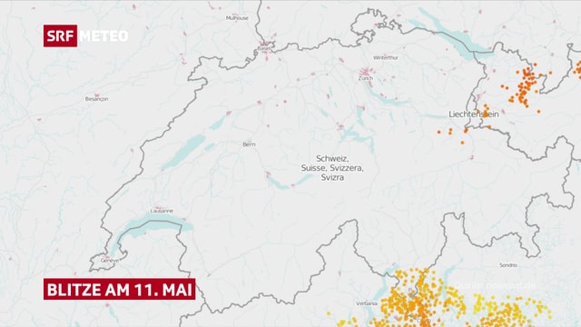 Karte mit eingezeichneten Blitzen vom 11. Mai 2018. Karte mit eingezeichneten Blitzen vom 11. Mai 2018.