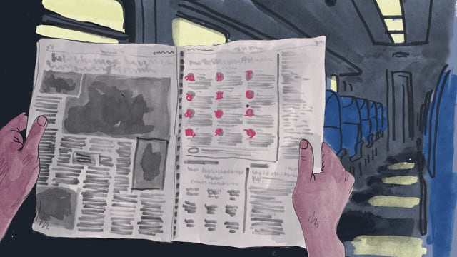 Illustration zweier Hände in einem Zugabteil, die eine aufgeschlagene Zeitung mit Horoskopen drin halten. Illustration zweier Hände in einem Zugabteil, die eine aufgeschlagene Zeitung mit Horoskopen drin halten.