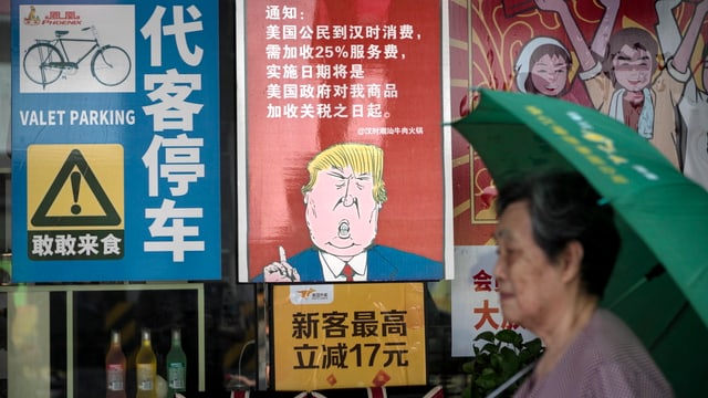 Eine Frau geht an einem Plakat vorbei, das eine Karikatur von Donald Trump zeigt. Eine Frau geht an einem Plakat vorbei, das eine Karikatur von Donald Trump zeigt.