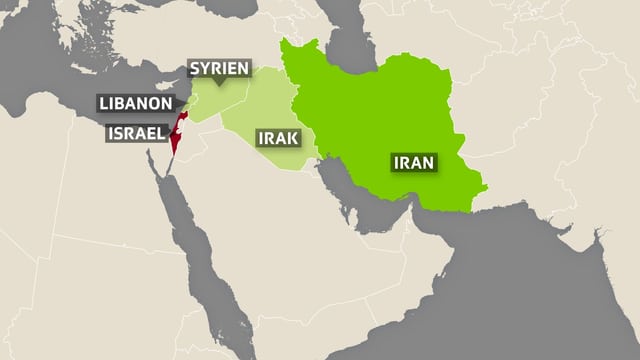 Karte mit Iran, Irak, Syrien, Libanon und Israel. Karte mit Iran, Irak, Syrien, Libanon und Israel.