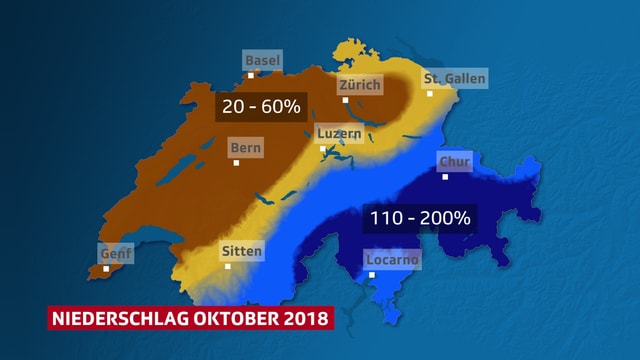 Schweizer Karte, die die Unterschiedliche Verteilung des Niederschlags im Oktober zeigt. Schweizer Karte, die die Unterschiedliche Verteilung des Niederschlags im Oktober zeigt.