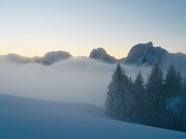 Verschneite Landschaft mit Bergen im Hintergrund, Nebelschwaden.