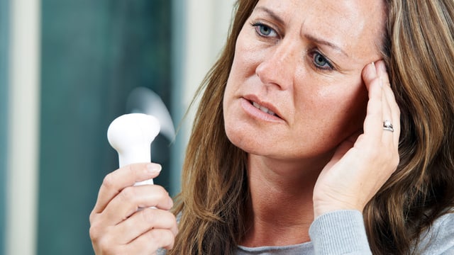 Schwitzende Frau im mittleren Alter, die sich mit einem kleinen Ventilator Erleichterung verschafft. Schwitzende Frau im mittleren Alter, die sich mit einem kleinen Ventilator Erleichterung verschafft.