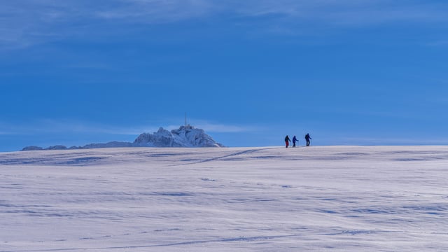 3 Wanderer auf einer schneebedeckten Krete bei Urnäsch.