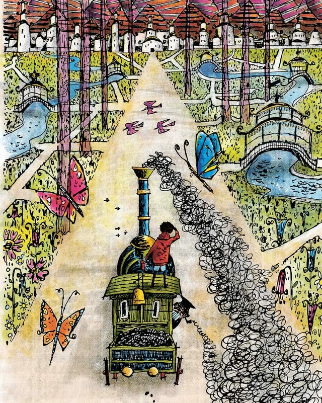 Illustration einer Lokomotive, die auf eine Stadt zurollt. Illustration einer Lokomotive, die auf eine Stadt zurollt.