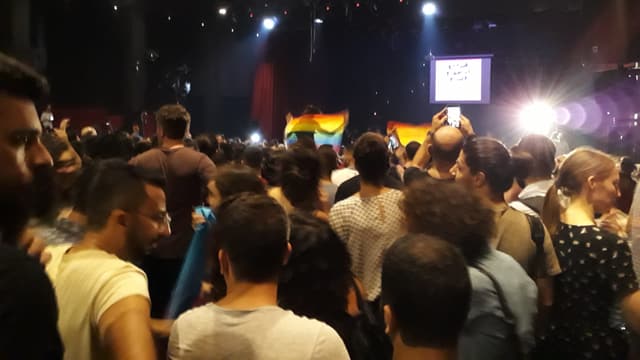 Konzertbesucher in einem Club. Einige halten Regenbogenfahnen hoch. Konzertbesucher in einem Club. Einige halten Regenbogenfahnen hoch.