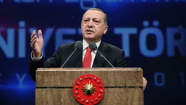 Erdoğan steht am Rednerpult und gestikuliert. Erdoğan steht am Rednerpult und gestikuliert.