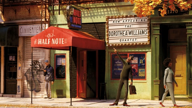 Szene aus einem Animationsfilm: Ein Mann mit Hut und Aktenkoffer steht vor einem Musikclub und zeigt auf das Schild, auf dem der Clubname "Half Note" steht. Hinter dem Mann an der Wand ist ein Plakat mit der Aufschrift: "Now appearing, the Dorothea Williams Quartet". Szene aus einem Animationsfilm: Ein Mann mit Hut und Aktenkoffer steht vor einem Musikclub und zeigt auf das Schild, auf dem der Clubname "Half Note" steht. Hinter dem Mann an der Wand ist ein Plakat mit der Aufschrift: "Now appearing, the Dorothea Williams Quartet".