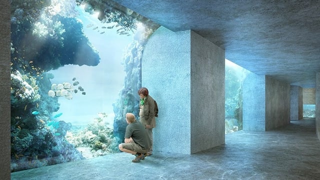 Visualisierung eines riesigen Aquariums, vor dem zwei Menschen knien. Visualisierung eines riesigen Aquariums, vor dem zwei Menschen knien.