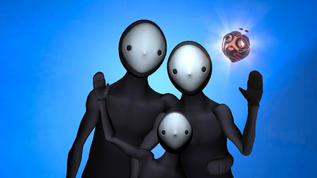 Drei abstrakte Figuren vor blauem Hintergrund. Drei abstrakte Figuren vor blauem Hintergrund.