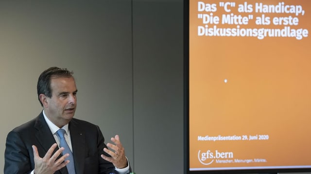 Parteipräsident Gerhard Pfister stellt seine Idee für den Namenswechsel der Öffentlichkeit vor. Parteipräsident Gerhard Pfister stellt seine Idee für den Namenswechsel der Öffentlichkeit vor.