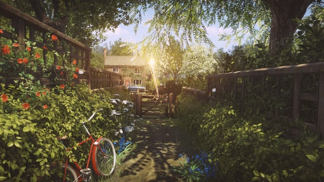 Zaun, Hecke, rotes Fahrrad, Backsteinhaus. Zaun, Hecke, rotes Fahrrad, Backsteinhaus.