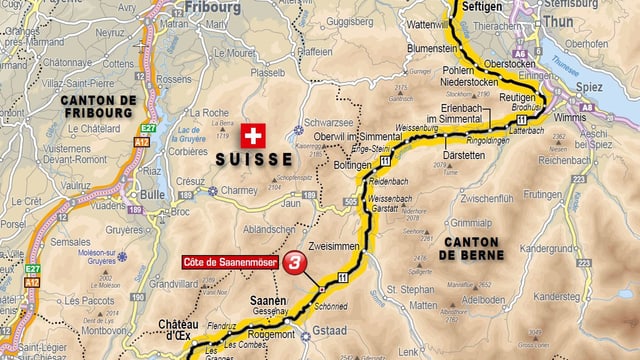 Kartenausschnitt mit der Route durch das Simmental Kartenausschnitt mit der Route durch das Simmental