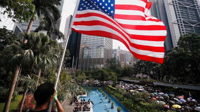 Mann schwenkt US-Flagge, dahinter der Demonstrationszug. Mann schwenkt US-Flagge, dahinter der Demonstrationszug.