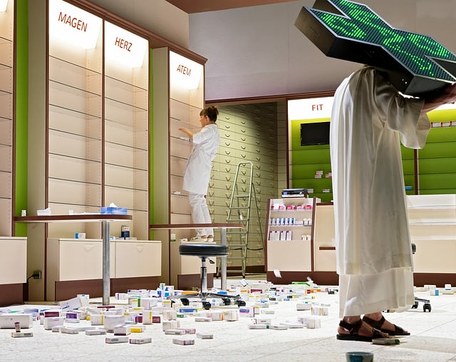 Ein Mann trägt ein Apothekerkreuz, dahinter räumt eine Frau die Regale eienr Apotheke aus. Ein Mann trägt ein Apothekerkreuz, dahinter räumt eine Frau die Regale eienr Apotheke aus.