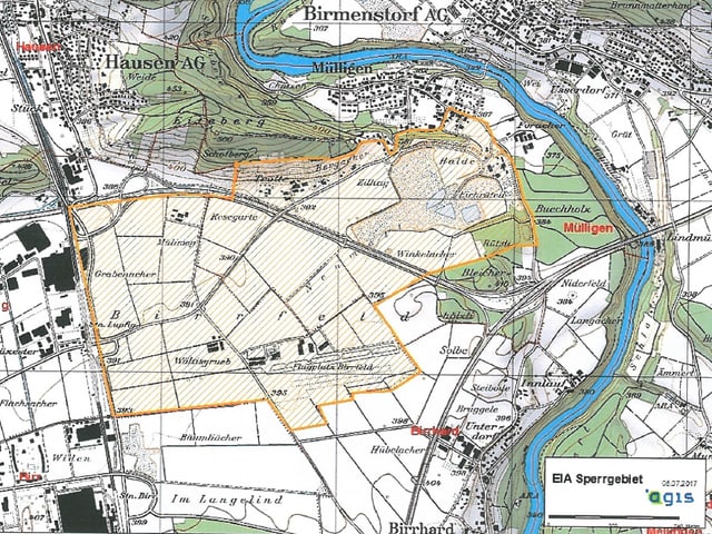 Landkarte, in grüner Schraffierung ist das Sperrgebiet eingezeichnet. Landkarte, in grüner Schraffierung ist das Sperrgebiet eingezeichnet.
