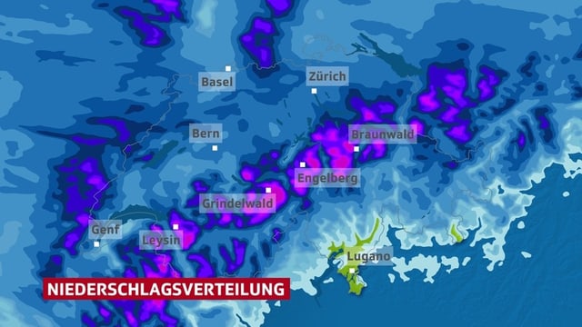 Eine Schweizer Karte zeigt vor allem im nördlichen Alpenkamm viel Neuschnee. Eine Schweizer Karte zeigt vor allem im nördlichen Alpenkamm viel Neuschnee.