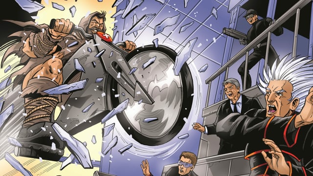 Comic-Tell stürmt mit Motorrad in futuristisches Labor Comic-Tell stürmt mit Motorrad in futuristisches Labor