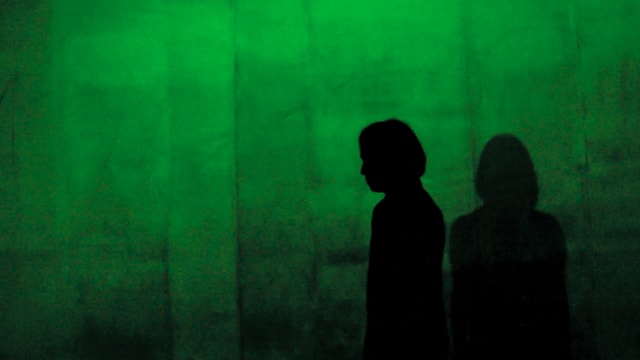 Die Silhouetten von zwei Menschen zeichnen sich vor einem grünen Hintergrund ab. Die Silhouetten von zwei Menschen zeichnen sich vor einem grünen Hintergrund ab.